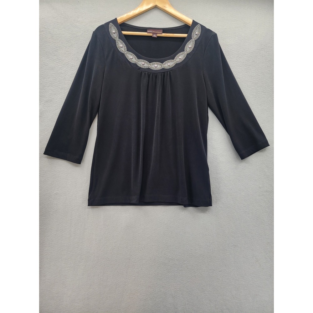 Dana Buchman Black Beaded Neckline Blouse 3/4 Sleeve Stretch Top Womens Medium M